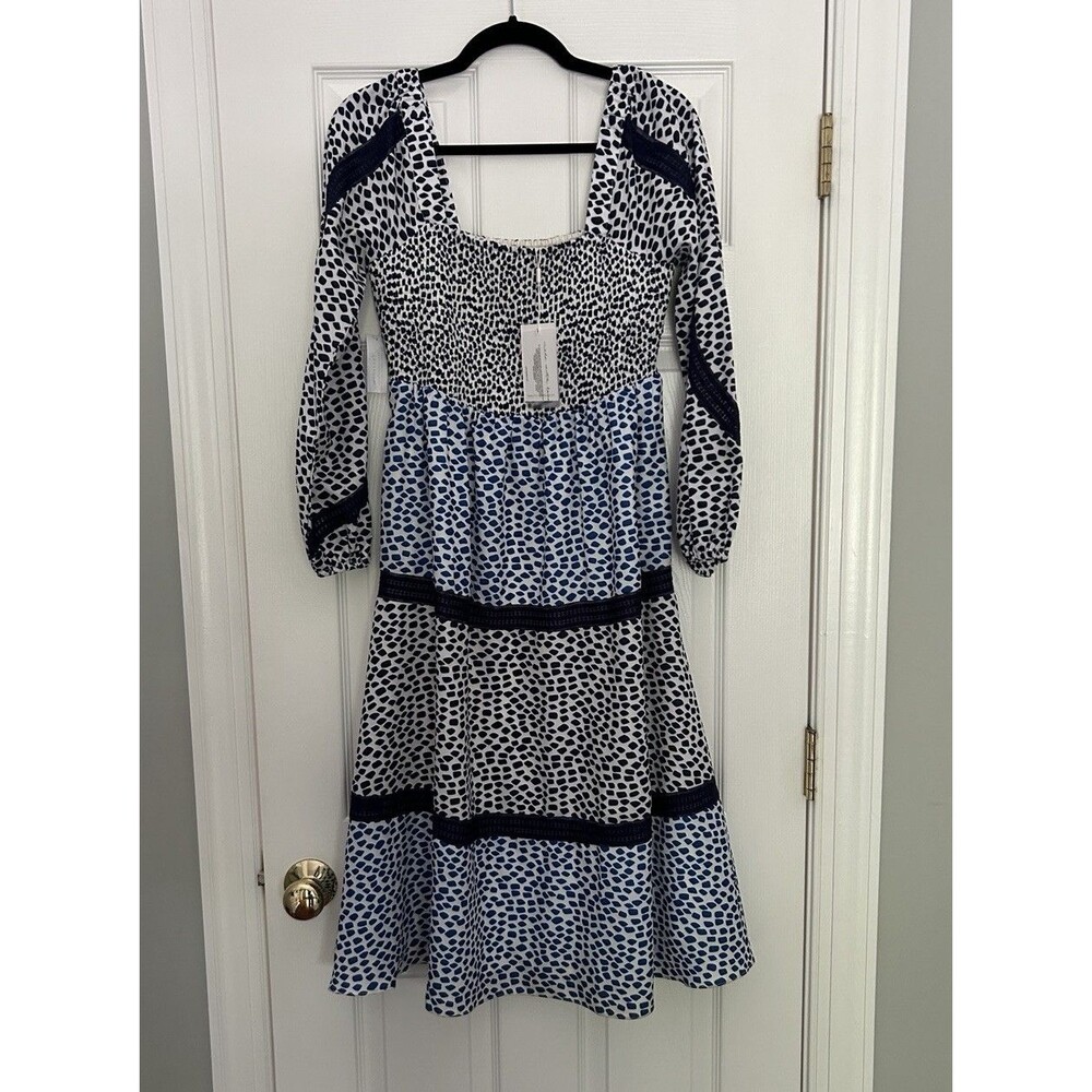 Foxiedox Womens Sz M Anthropologie White Blue Navy Dots Boho LS Midi Dress